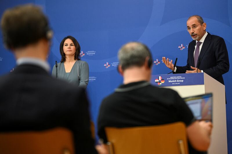 German Foreign Minister Annalena Baerbock at a press conference with Jordanian Foreign Minister Ayman Safadi after a meeting in Berlin. Reuters
