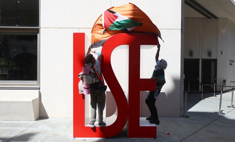 Pro Palestine students and protesters demonstrate outside the London School of Economics. Getty Images