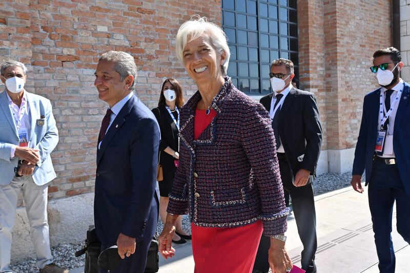 European Central Bank President Christine Lagarde arrives for the G20 finance ministers and central bankers meeting in Venice, Italy.
