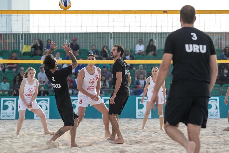 ABU DHABI, UNITED ARAB EMIRATES. 16 MARCH 2019. Special Olympics action at The Corniche. Beach Volleyball, Uruguy vs Serbia. (Photo: Antonie Robertson/The National) Journalist: None: National.
