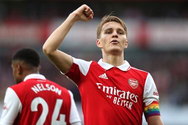LONDON, ENGLAND - OCTOBER 30: Martin Odegaard of Arsenal of Arsenal celebrates after scoring his sides fifth goal during the Premier League match between Arsenal FC and Nottingham Forest at Emirates Stadium on October 30, 2022 in London, England. (Photo by Alex Pantling / Getty Images)