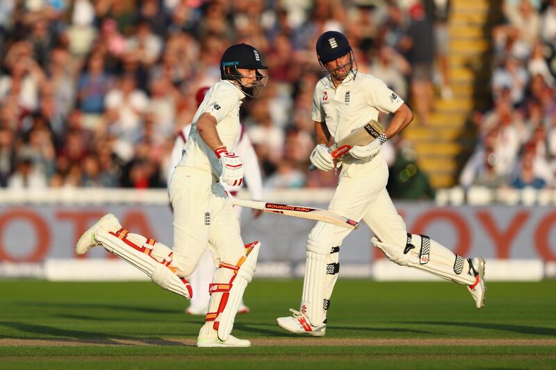 BIRMINGHAM, ENGLAND - AUGUST 17:  Joe Root (L) and Alastair Cook of England pile on the runs during day one of the 1st Investec Test match between England and West Indies at Edgbaston on August 17, 2017 in Birmingham, England.  (Photo by Michael Steele/Getty Images)