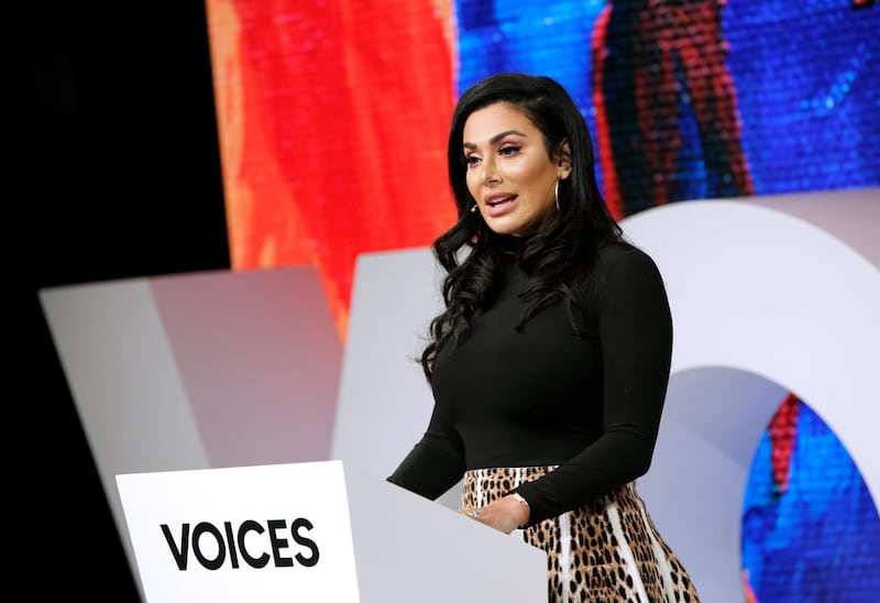OXFORDSHIRE, ENGLAND - NOVEMBER 30:  Huda Kattan speaks on stage during #BoFVOICES on November 29, 2018 in Oxfordshire, England.  (Photo by John Phillips/Getty Images for The Business of Fashion)
