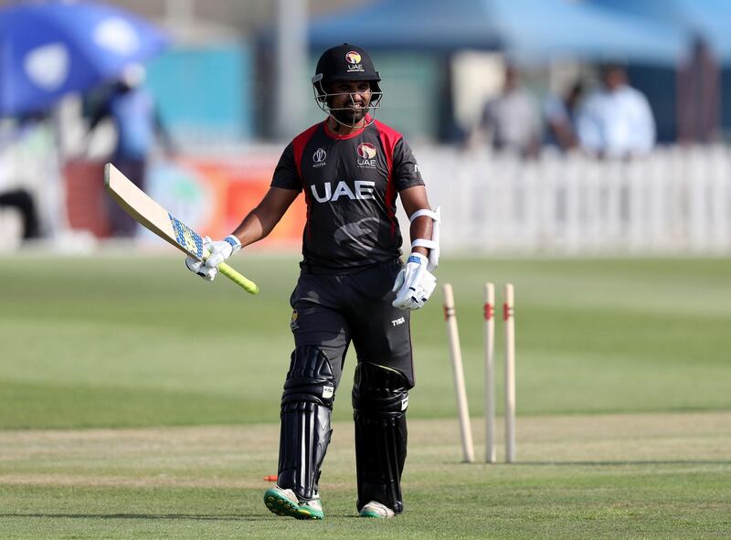 Abu Dhabi, United Arab Emirates - October 22, 2018: Shaiman Anwar of the UAE scores 41 in the match between the UAE and Australia in a T20 international. Monday, October 22nd, 2018 at Zayed cricket stadium oval, Abu Dhabi. Chris Whiteoak / The National