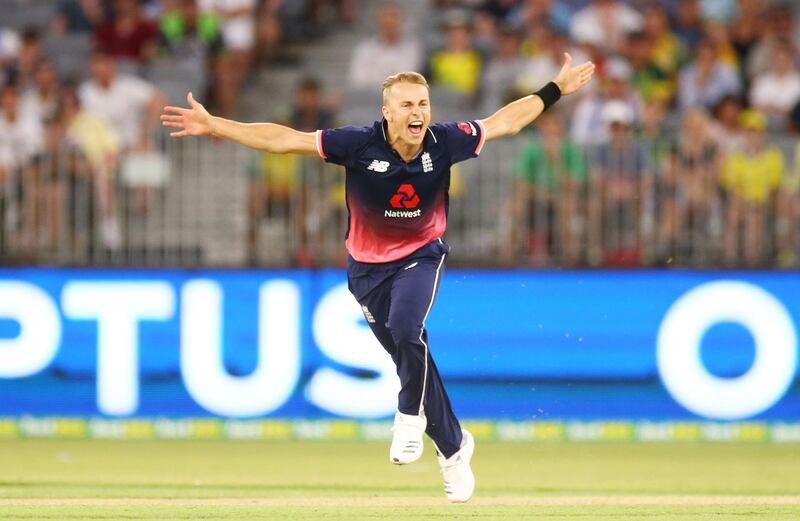 PERTH, AUSTRALIA - JANUARY 28:  Tom Curran of England celebrates getting the final wicket to win game five of the One Day International match between Australia and England at Perth Stadium on January 28, 2018 in Perth, Australia.  (Photo by Mark Nolan/Getty Images)