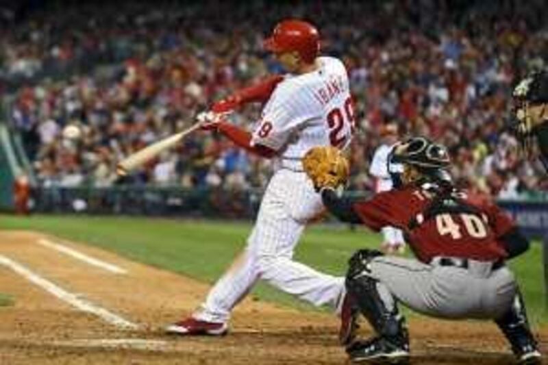 PHILADELPHIA - SEPTEMBER 30: Raul Ibanez #29 of the Philadelphia Phillies hits a two run home-run during the game against the Houston Astros on September 30, 2009 at Citizens Bank Park in Philadelphia, Pennsylvania. The Phillies won 10-3 and the National League East title.   Drew Hallowell/Getty Images/AFP *** Local Caption ***  929292-01-10.jpg