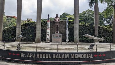 Statue of former President and scientist Abdul Kalam surrounded by rockets. Photo: Madhuri Rao