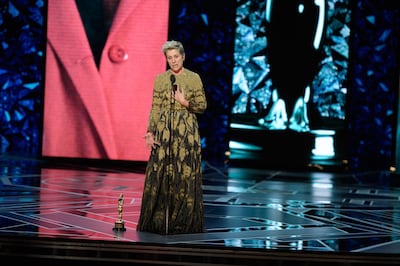 epa06581874 A handout photo made available by the Academy of Motion Picture Arts and Science (AMPAS) on 05 March 2018 shows Frances McDormand accepting the Oscar for best performance by an actress in a leading role for work on 'Three Billboards Outside Ebbing, Missouri' during the 90th annual Academy Awards ceremony at the Dolby Theatre in Hollywood, California, USA, 04 March 2018. The Oscars are presented for outstanding individual or collective efforts in 24 categories in filmmaking.  EPA/AARON POOLE / AMPAS / HANDOUT THE IMAGE MAY NOT BE ALTERED AND IS FREE FOR EDITORIAL USE ONY IN REPORTING ABOUT THE EVENT. ONE TIME USE ONLY. MANDATORY CREDIT. HANDOUT EDITORIAL USE ONLY/NO SALES/NO ARCHIVES