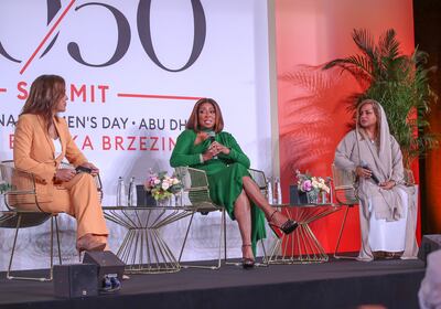 Mo Abudu of Ebony Life Media, centre, talks about the importance of bridge-building through philanthropy and international co-operation at the Forbes 30/50 Summit. Victor Besa / The National