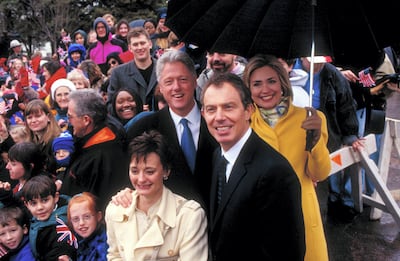 Pres. Bill & Hillary Rodham Clinton & their White House guests British PM Tony & Cherie Blair (fore) framed by crowd during visit to FDR memorial.  (Photo by Dirck Halstead/The LIFE Images Collection via Getty Images/Getty Images)