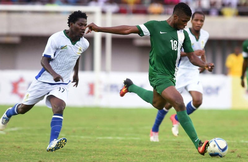 Nigeria forward Kelechi Iheanacho, centre, strikes a shot at goal to earn his team the lone goal victory against Tanzania. Pius Utomi Ekpei / AFP