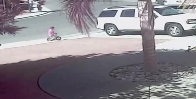 The video, which quickly spread on the internet, shows a young boy playing on a driveway in Bakersfield, when a dog lunges at his leg, grabs hold of it with his jaws and drags the boy off of the bike. 