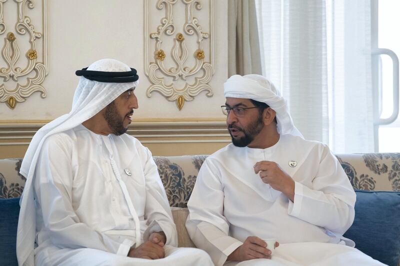 ABU DHABI, UNITED ARAB EMIRATES - August 06, 2019: HH Sheikh Hamdan bin Zayed Al Nahyan, Ruler’s Representative in Al Dhafra Region (R) and HH Sheikh Abdullah bin Rashid Al Mu'alla, Deputy Ruler of Umm Al Quwain (L), attend a Sea Palace barza.

( Mohamed Al Hammadi / Ministry of Presidential Affairs )
---