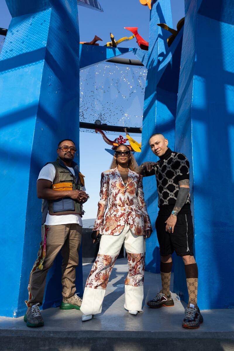 Apl.de.ap, left, J Rey, centre, and Taboo of Black Eyed Peas visit the Philippines Pavilion. Photo: Expo 2020 Dubai