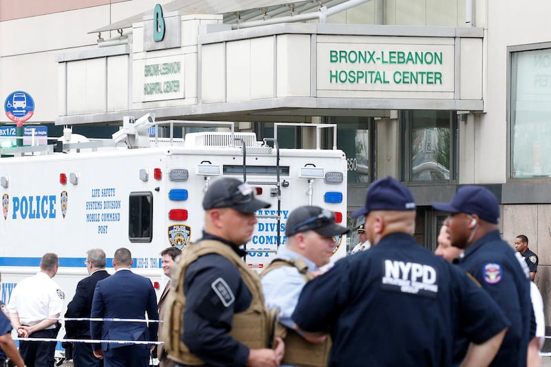 NYPD officers outside the Bronx-Lebanon Hospital, after an incident in which a gunman fired shots inside the hospital in New York City on June 30, 2017. Brendan McDermid / Reuters
