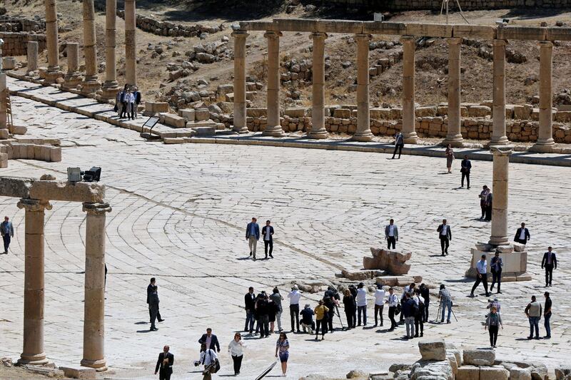 Britain's Prince William, the Duke of Cambridge, and Jordan's Crown Prince Hussein walk through the ruins of the ancient city of Jerash, Jordan. Muhammad Hamed / Reuters