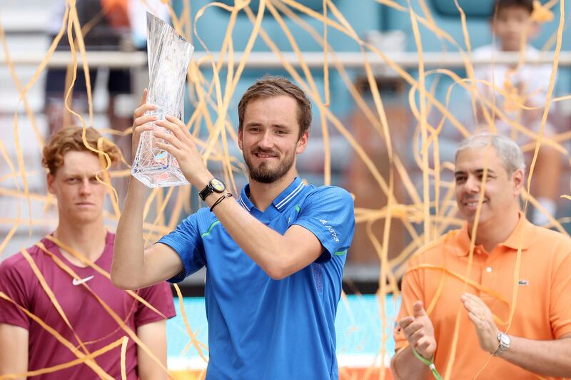 Daniil Medvedev lifts the Miami Open trophy after defeating Jannik SInner in the final at Hard Rock Stadium. Getty