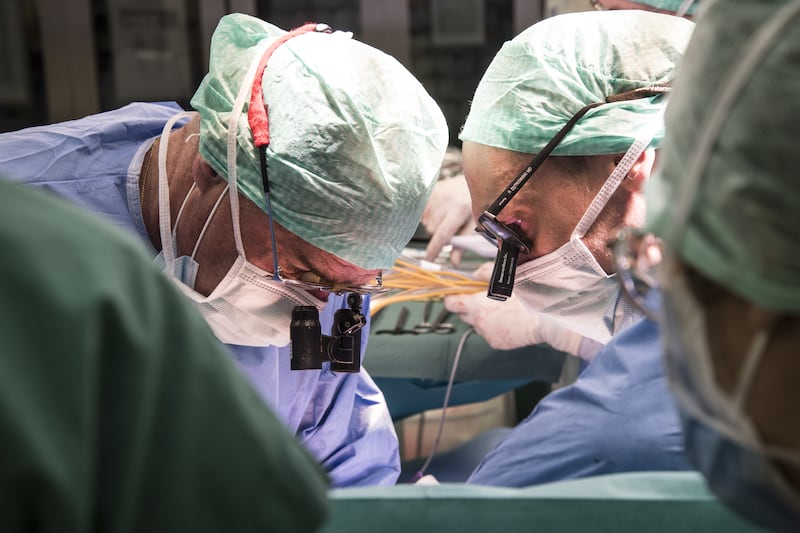 Professor Pierre-Alain Clavien and Prof Philipp Dutkowski transplant the liver that was treated in a machine. PA