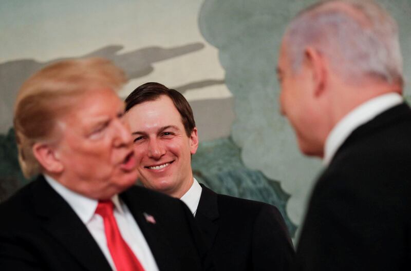 FILE PHOTO: White House senior adviser Jared Kushner smiles as he watches U.S. President Donald Trump talk with Israel's Prime Minister Benjamin Netanyahu at the White House in Washington, U.S., March 25, 2019. REUTERS/Carlos Barria/File Photo