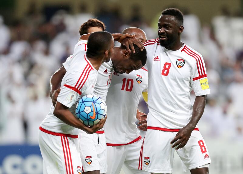 Al Ain, United Arab Emirates - August 29th, 2017: UAE's Ahmed Khalil scores during the World Cup qualifying game between UAE v Saudi Arabia. Tuesday, August 29th, 2017 at Hazza Bin Zayed Stadium, Al Ain. Chris Whiteoak / The National