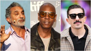 Bassem Youssef, Dave Chappelle and Andrew Schulz will perform at the first Abu Dhabi Comedy Week. Photo: Chris Whiteoak; AP; Getty Images