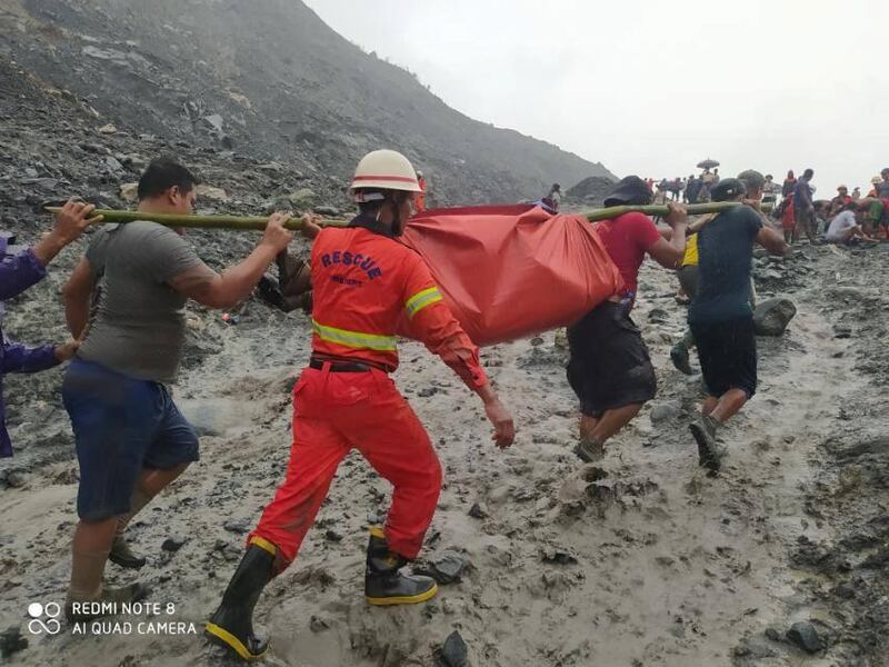 People carry a body following a landslide at a mining site in Phakant, Kachin State City, Myanmar. Reuters