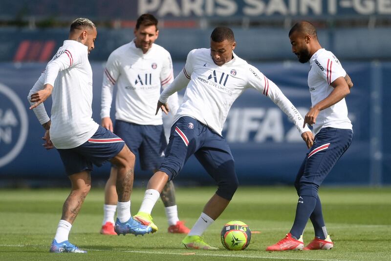 Neymar, Messi, Kylian Mbappe and Rafinha take part in a training session. AFP