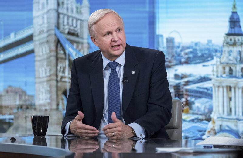 Bob Dudley, chief executive officer of BP Plc, gestures while speaking during a Bloomberg Television interview in London, U.K., on Tuesday, July 30, 2019. BP bucked the trend of disappointing oil and gas earnings, beating expectations and increasing its cash flow as higher production offset the effect of lower energy prices. Photographer: Chris Ratcliffe/Bloomberg