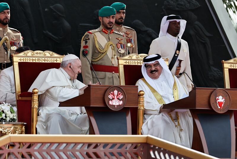 Pope Francis and King Hamad attend the Bahrain Forum for Dialogue at the Sakhir Royal Palace. Reuters