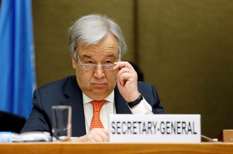 United Nations Secretary-General Antonio Guterres looks on during the High-Level Pledging Event for the Humanitarian Crisis in Yemen, in Geneva, Switzerland, April 3, 2018. REUTERS/Pierre Albouy
