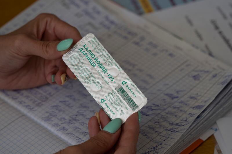 A pack of iodine tablets being distributed at a local school in case of a radiation leak in Zaporizhzhia. AP