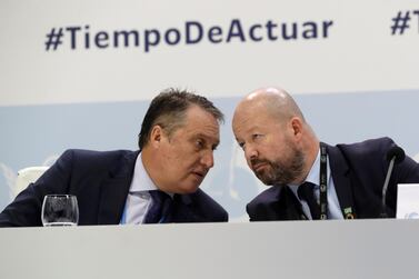 epa08071166 COP25 Presidency Coordinator Andres Landerretche (L) and Alexander Saier (R) , UNFCCC Officer-in-charge Director Communications and Outreach, attends a press conference prior the final plenary session of the COP25 Climate Summit in Madrid, Spain, 14 December 2019. The UN Climate Change Conference COP25 was prolonged after countries were struggeling to define a common goal, while it was scheduled to run from 02 to 13 December 2019 in the Spanish capital. EPA/ZIPI