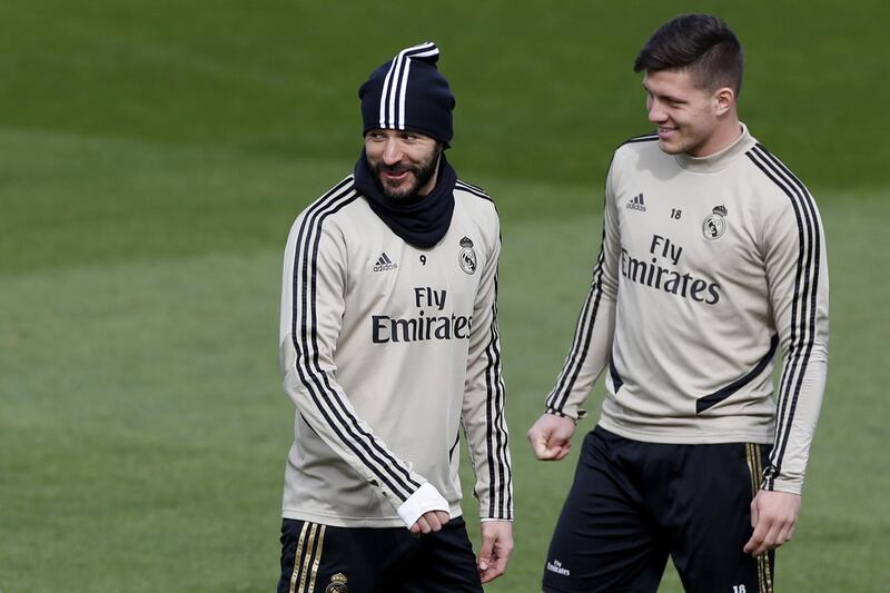 Real Madrid's Karim Benzema, left, and Luka Jovic during training earlier this month. EPA