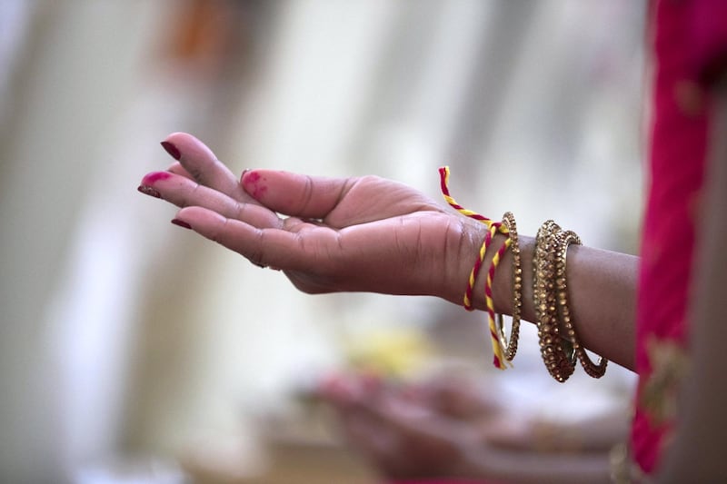 ABU DHABI, UNITED ARAB EMIRATES - April 20 2019.

The Shilanyas Vidhi, The Foundation
ceremony of the first traditional Hindu Mandir in Abu Dhabi, UAE. The Vedic ceremony is performed in the holy presence of His Holiness Mahant Swami Maharaj, the spiritual leader of BAPS Swaminarayan Sanstha.

(Photo by Reem Mohammed/The National)

Reporter:
Section: NA + BZ