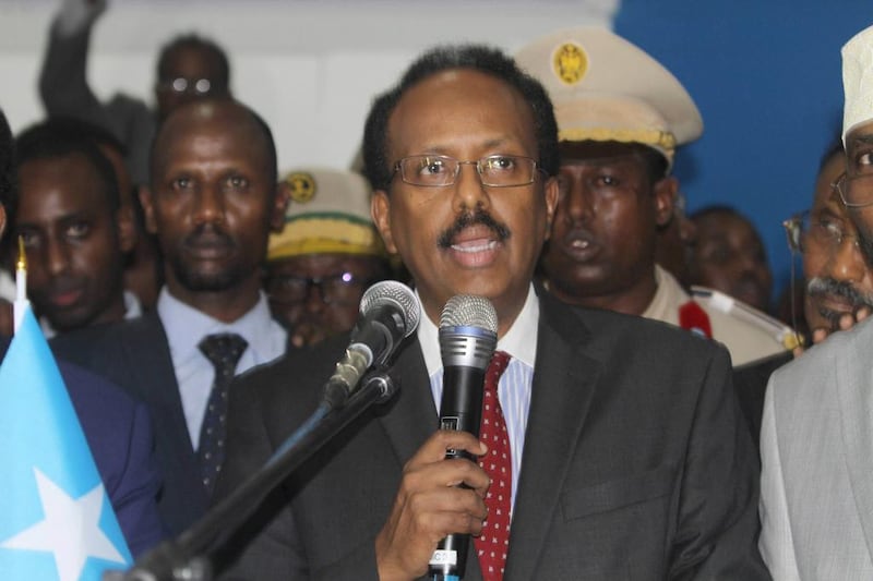 Newly-elected Somali president Mohamed Abdullahi Farmajo speaks at the international airport in Mogadishu, where the vote took place, on February 8, 2017. Said Yusuf Warsame / EPA