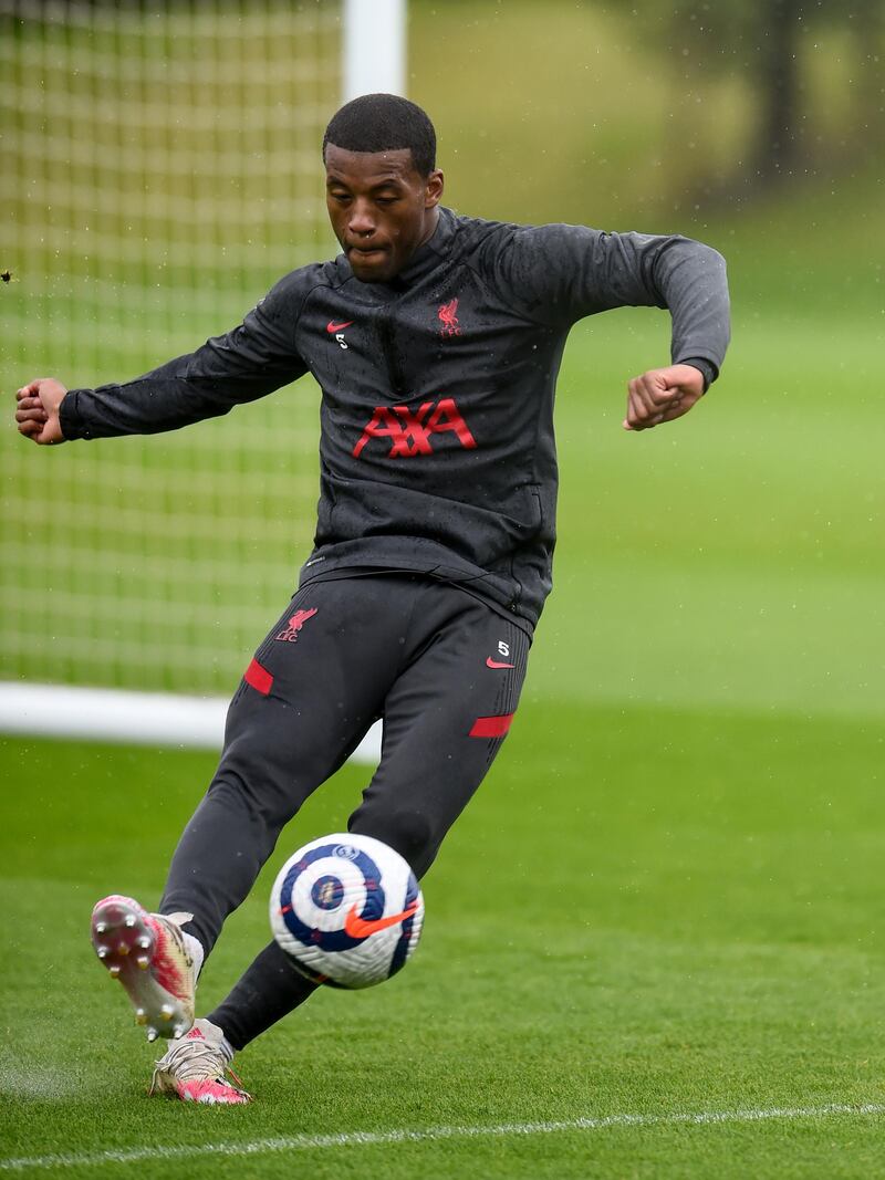 KIRKBY, ENGLAND - MAY 21: (THE SUN OUT, THE SUN ON SUNDAY OUT) Georginio Wijnaldum of Liverpool during a training session at AXA Training Centre on May 21, 2021 in Kirkby, England. (Photo by Andrew Powell/Liverpool FC via Getty Images)