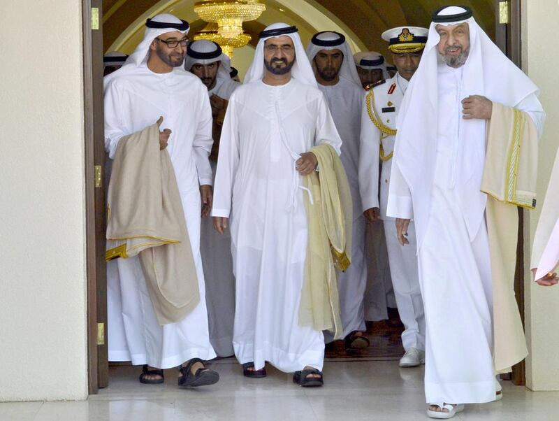 (From left) Gen Sheikh Mohammed bin Zayed, Crown Prince of Abu Dhabi and Deputy Supreme Commander of the UAE Armed Forces and Sheikh Mohammed bin Rashid, Vice President and Ruler of Dubai, see President Sheikh Khalifa bin Zayed (far right) off as he heads to Pakistan on a private visit. Wam