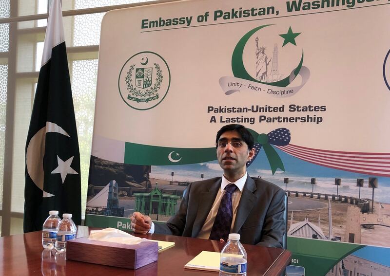 Moeed Yusuf speaks to reporters at the Pakistani embassy in Washington after a week of meetings with US officials. AFP