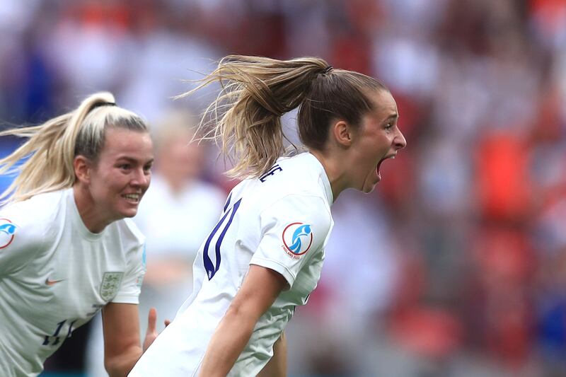 England's Ella Toone celebrates after scoring against Germany in the Women's Euro 2022 final at Wembley stadium in London. AP