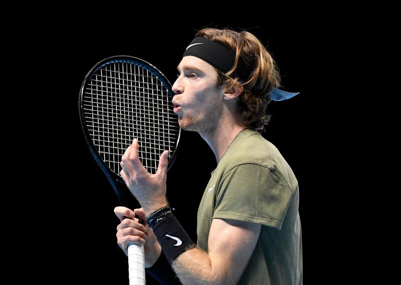 Andrey Rublev reacts during his group stage match against Spain's Rafael Nadal. Reuters