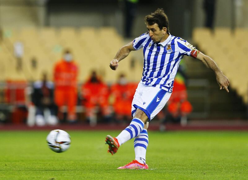Real Sociedad's Mikel Oyarzabal scores their first goal from the penalty spot. Reuters