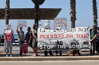 Israeli activists demonstrate outside the US embassy in Tel Aviv on Friday, demanding the US stops arming Israel and an end to the war in the Gaza Strip. AFP