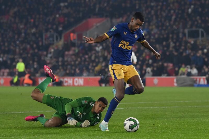 SOUTHAMPTON RATINGS: Gavin Bazunu 7: Left with bloody nose after first-half collision with Almiron. No shots on target until just before half-time when he saved well from Willock. No chance with goal. Rounded by Isak late on but did enough to push attacker wide of goal. Getty