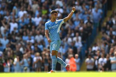 MANCHESTER, ENGLAND - AUGUST 28: Ferran Torres of Manchester City celebrates after scoring his team's second goal during the Premier League match between Manchester City and Arsenal at Etihad Stadium on August 28, 2021 in Manchester, England. (Photo by Shaun Botterill / Getty Images )