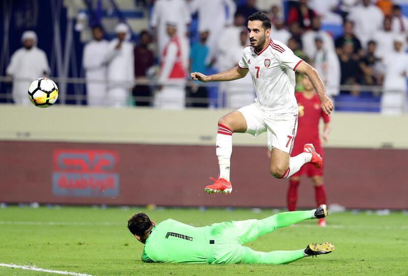 Dubai, United Arab Emirates - October 10, 2019: UAE's Ali Mabkhout scores during the Qatar 2022 world cup qualifier between The UAE and Indonesia. Thursday 10th of October. Al Maktoum Stadium, Dubai. Chris Whiteoak / The National