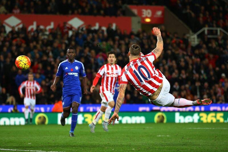 Marko Arnautovic of Stoke City scores his team’s first and only goal in their Premier League win over Chelsea on Saturday. Richard Heathcote / Getty Images