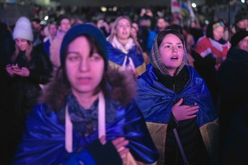 The Trafalgar Square vigil organised by the Ukrainian and US embassies in London for the one-year anniversary of the Russian invasion. AP