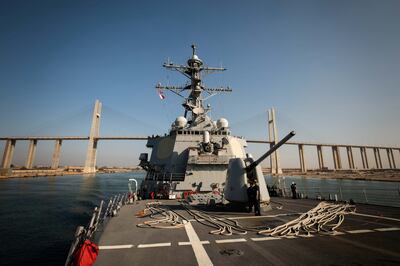 The USS Carney in the Suez Canal en route to the Red Sea after the outbreak of the Israel-Gaza war. US Navy via Reuters