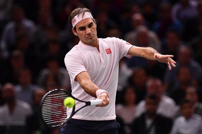 PARIS, FRANCE - NOVEMBER 03: Roger Federer of Switzerland plays a forehand during his Semi Final match against Novak Djokovic of Serbia on Day 6 of the Rolex Paris Masters on November 3, 2018 in Paris, France. (Photo by Justin Setterfield/Getty Images)