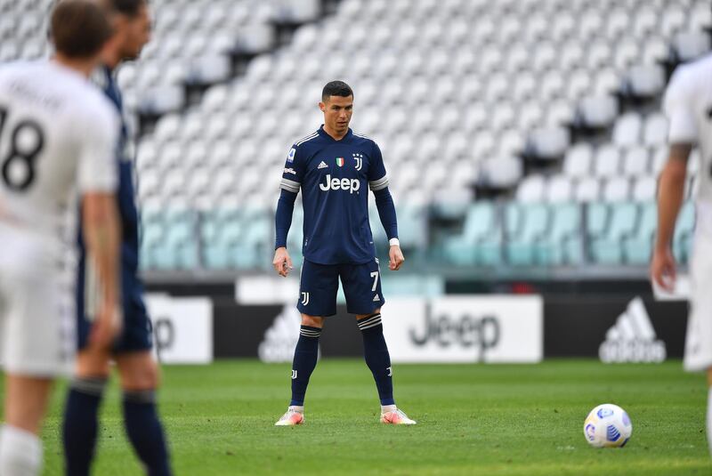 Cristiano Ronaldo prepares to take a free kick against Benevento at the Allianz Stadium. Getty